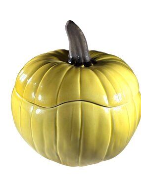 Harvest Yellow Ceramic Pumpkin Lidded Bowl Crate & Barrel Thanksgiving autumn